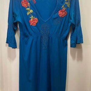 Johnny Was Blue Dress with Red Floral Embroidery. Deep v neck